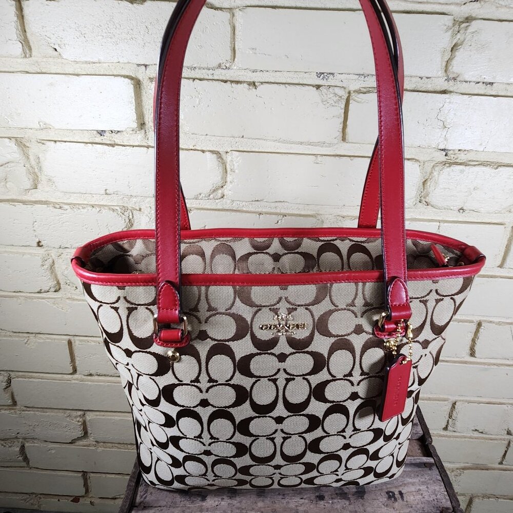 Like New Coach Signature Khaki & Red Leather Trim Shoulder Bag Tote Purse